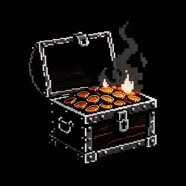 The Burn Chest, an open wooden chest with coins turning to ash